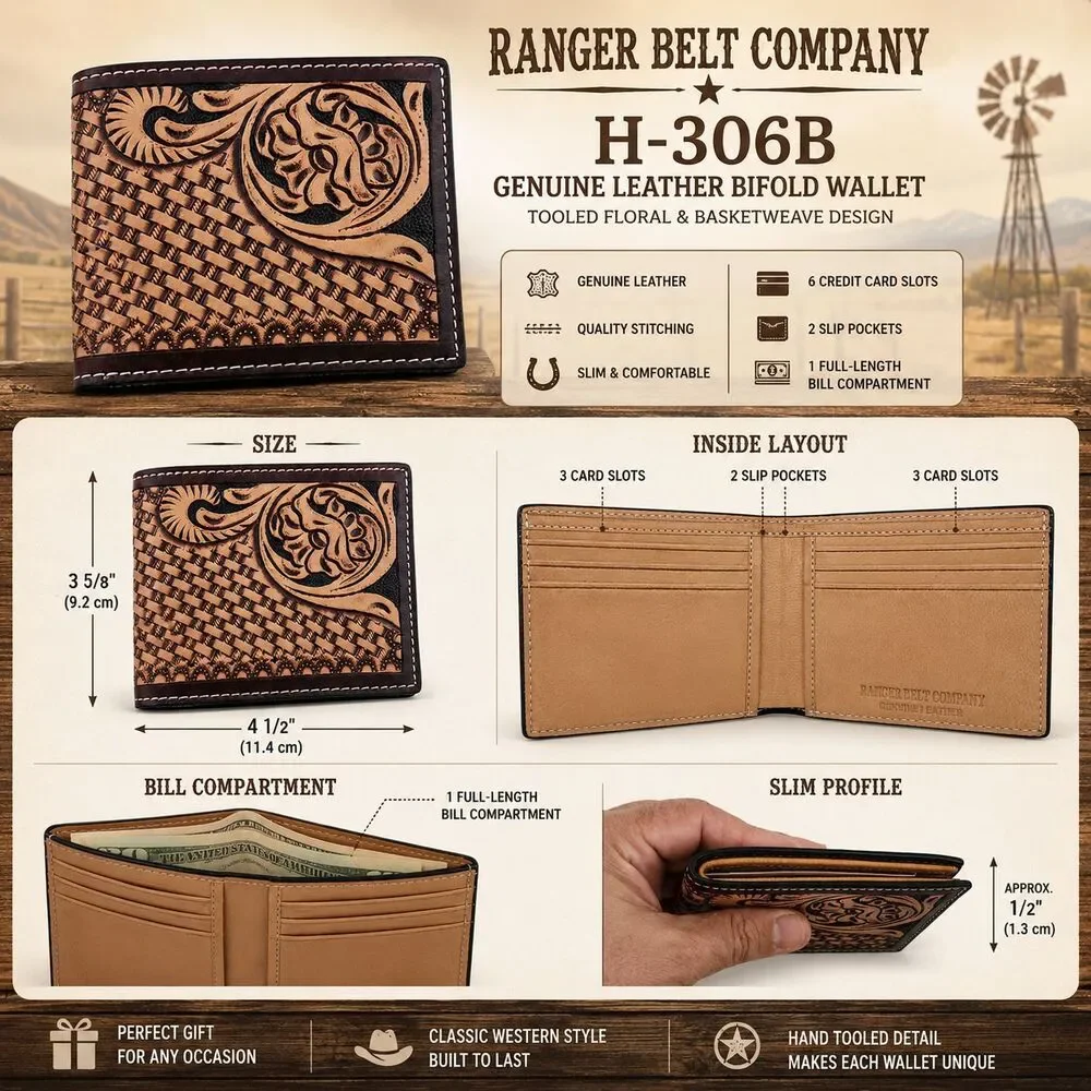Ranger Belt Co H-306B Tooled Leather Bifold Wallet Basketweave Floral Brown NWT
